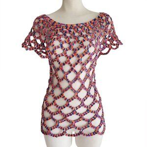 Crocheted Multicolor Chain Mail Open Weave Gold Metallic Threads Tunic Top S
